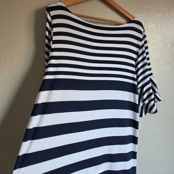 Lilly Pulitzer Lula Dress Striped Ruffle Bell Sleeve Navy XL Stretch Jersey Knit - Picture 7 of 9
